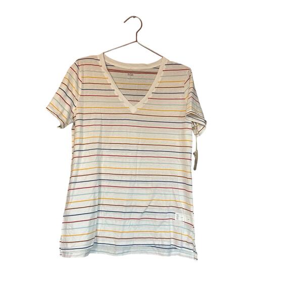 A.n.a Multi Color Striped V Neck Short Sleeve T-Shirt - Picture 1 of 5